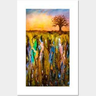 Watercolor abstract landscape and single tree Posters and Art